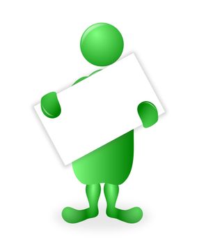 A green 3d character holding a tilted blank white poster board with copy space for a message or announcement
