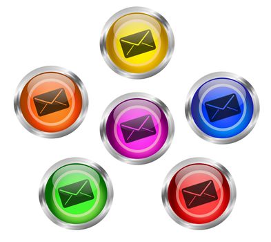Set of shiny mail or envelope icon buttons with chrome rims
