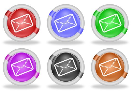 Set of mail or envelope icon buttons in pastel colors with white beveled rims
