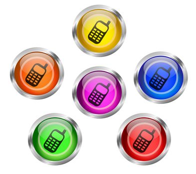 Set of shiny mobile cell phone web icon buttons in six different colors
