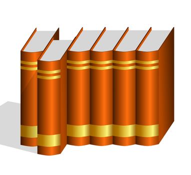 A row of brown hard bound books with blank golden labels with one book pulled out
