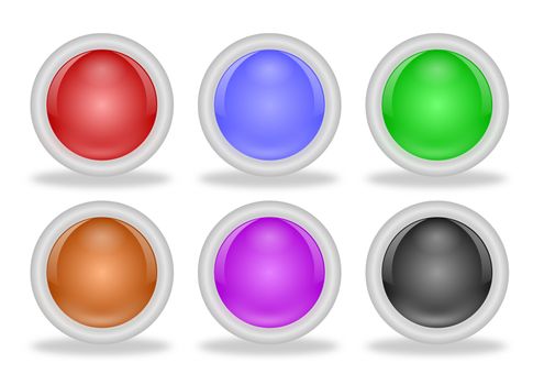 Set of six blank shiny web buttons with beveled white rims in six attractive pastel shades - red, blue, green, brown, lavender and black
