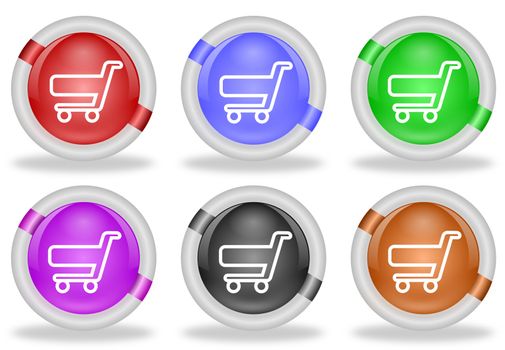 Set of shopping cart web icon buttons with beveled white rims in six pastel colors
