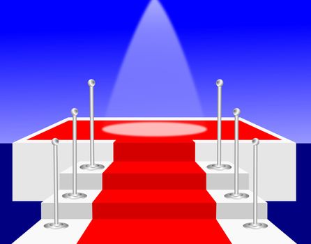 Stairs with a red carpet leading to a stage with a spot light on the centre of the stage
