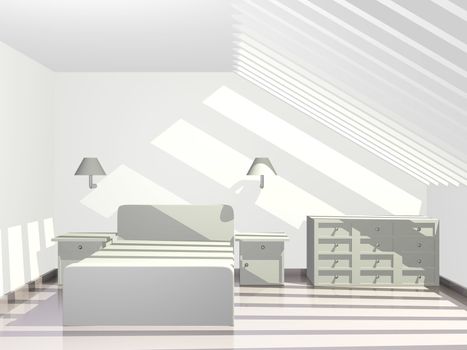A 3d penthouse bedroom scene with sunlight coming in through the sky roof
