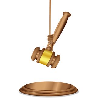A wooden judge's mallet hammer hanging from a rope to illustrate the idea of a pending or awaited decision
