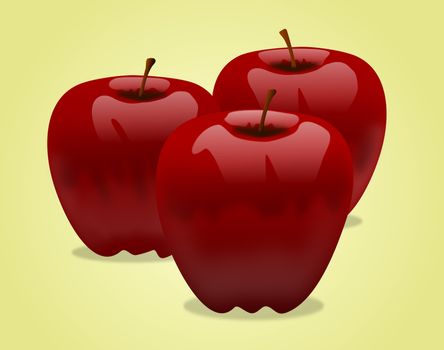 Illustration of three shiny red apples isolated on a pale yellow background
