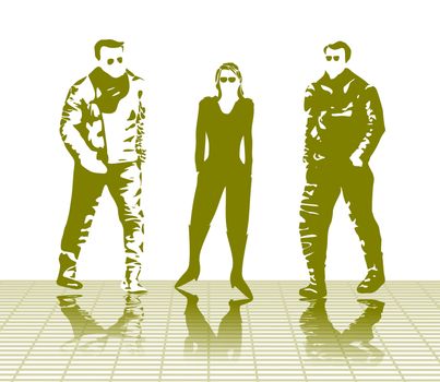 Highlighted silhouettes of three bikers, one woman and two men, clad in heavy winter biking jackets, pants and boots walking on a ramp

