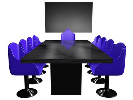 A 3d conference room setup with chairs around a long conference table, vacant chairs and a blackboard
