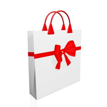 Three dimensional white shopping bag with a festive gift bow and ribbon around it