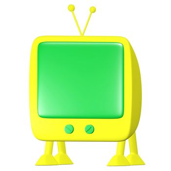 The concept of mobile entertainment or information illustrated with a 3d yellow cartoon TV with a green screen, walking on its four legs and feet
