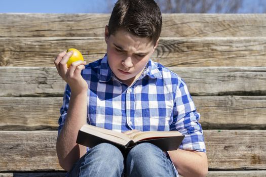 Portrait.Young boy reading a book in wooden stairs, summer