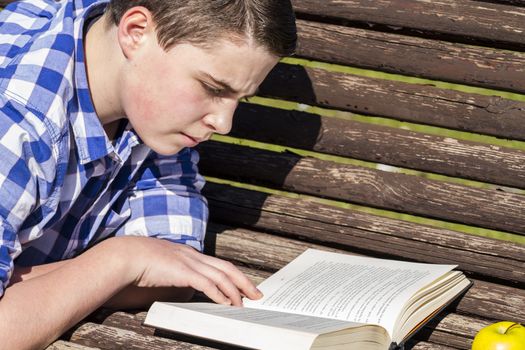 School.Young boy reading a book in the Park Bench, summer