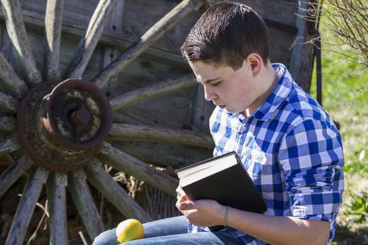Rural.Young man reading a book in outdoor with yellow apple.