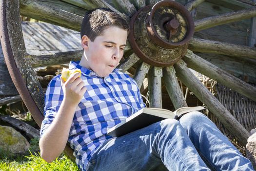 Joyful.Young boy reading a book in the woods eating an apple