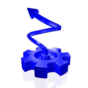 3D illustration with an upward rising growth arrow arising from a blue gear
