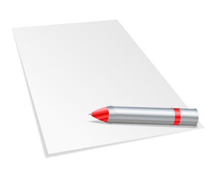 A blank paper with a metallic silver or steel pen lying on it
