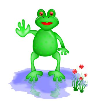 Illustration of a beautiful frog standing in a rain water puddle and waving
