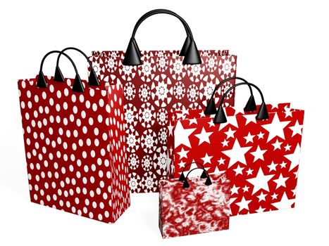 3D illustration of four red festive shopping bags  with bold prints
