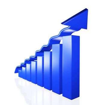 A 3d blue business or financial growth bar chart with an upward moving arrow
