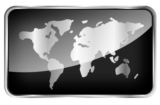 World map on a shiny black tab with silver or chrome metallic frame
