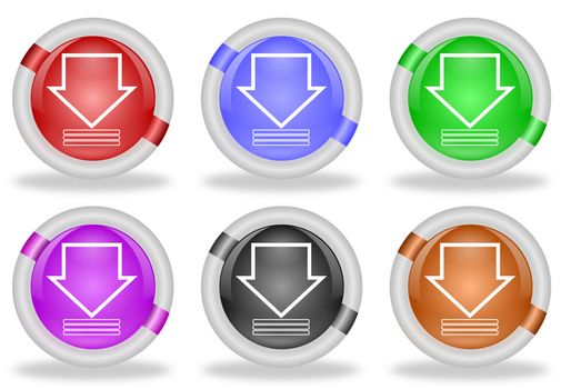 Set of download icon buttons with white beveled rims in different colors and with an arrow pointing downwards
