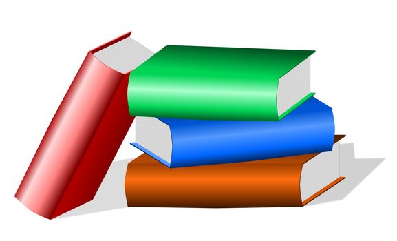 Illustration of four different color blank hard bound books, without labels, lying scattered
