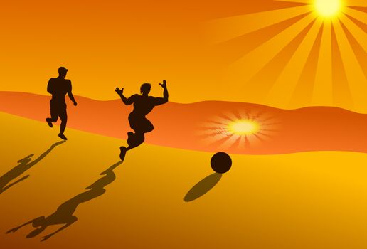 Illustration of a beach sunset scene with silhouettes of two men playing ball game
