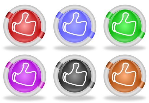 Set of six share or like web buttons with thumbs up icon, in pastel shades and with beveled white rims
