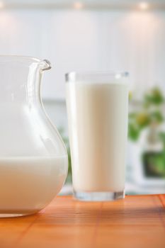 milk in glass and jug on table