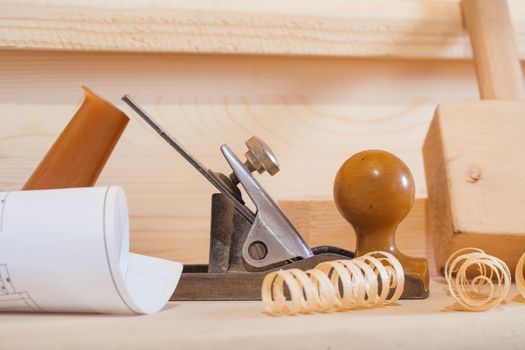 very close up view on composition of woodworking tools