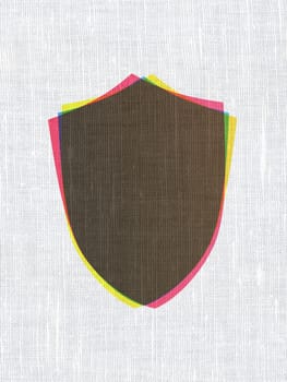 Security concept: CMYK Shield on linen fabric texture background, 3d render