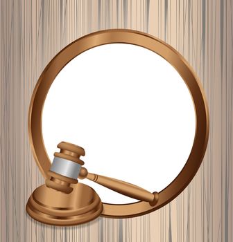 A round wooden frame with blank copy space and a judge mallet hammer in one corner
