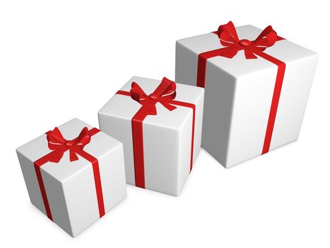 Three white 3d gifts with red bow and ribbon arranged from small to big

