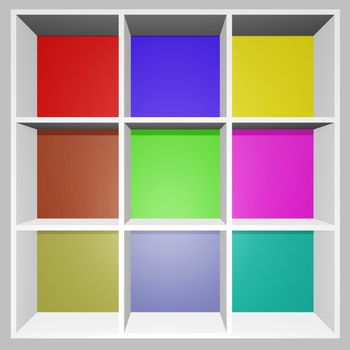 A 3D colorful product display rack with different pastel color shelves 
