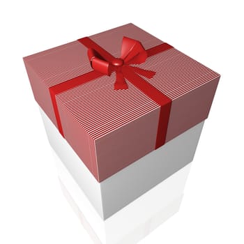 3D gift box isolated on white with a red and white striped lid and a red bow ribbon
