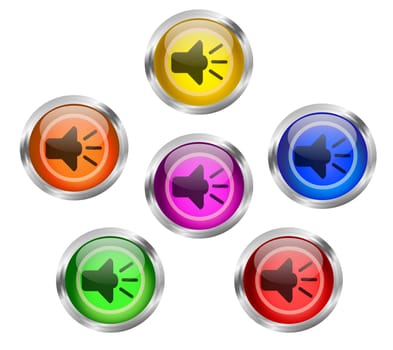 Set of round shiny audio or music buttons with speaker web icon in different colors

