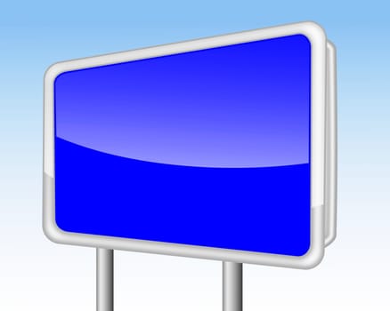 A shiny roadside blank blue signboard with copy space, against a sky blue background
