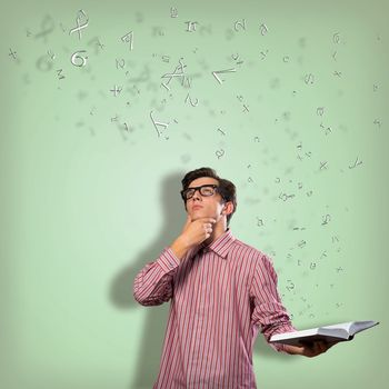 young scientist holding a book, fly out different ideas. concept of creativity