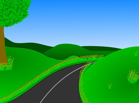 Illustration of a road leading to a lush green open countryside
