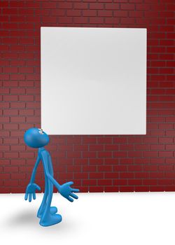 cartoon guy looks at high brick wall - 3d illustration