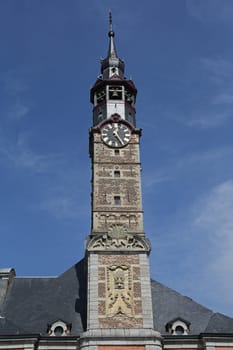 The town hall in the historical centre of Sint-Truiden Belgium with a 17th-century tower classified by UNESCO as a World Heritage Site in 1999. The oldest parts of the building date from the 13th century.