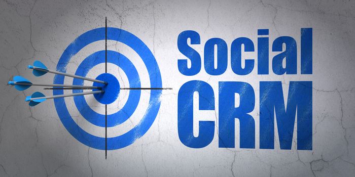 Success finance concept: arrows hitting the center of target, Blue Social CRM on wall background, 3d render