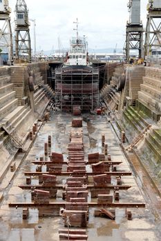 A shot of a dry dock ship yard