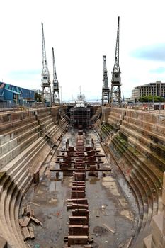 A shot of a dry dock ship yard