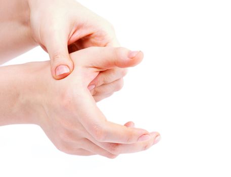 Woman's Hands Doing Self Massage between Fingers of Handbreadth isolated on white background