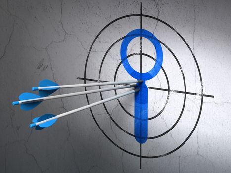 Success web development concept: arrows hitting the center of Blue Search target on wall background, 3d render