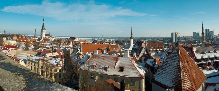 Panoramic view to Old city of Tallinn from upper town. Panorama composed from 7 frames