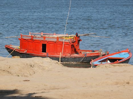 red boat on Ganges river  in Varanasi,India    