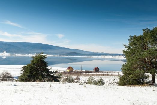 winter lake and houses